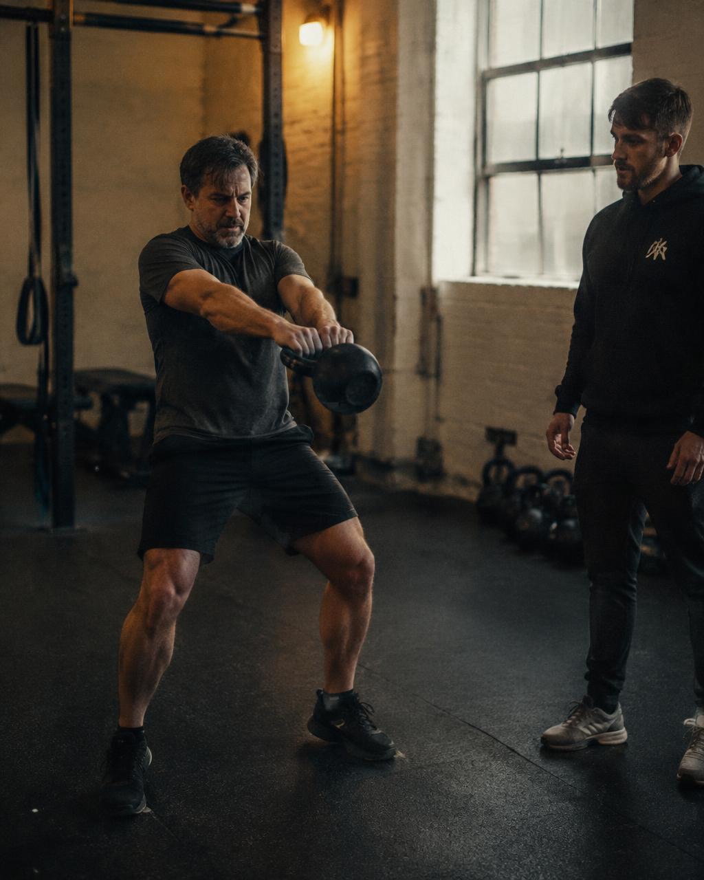 Aluno treinando com kettlebell